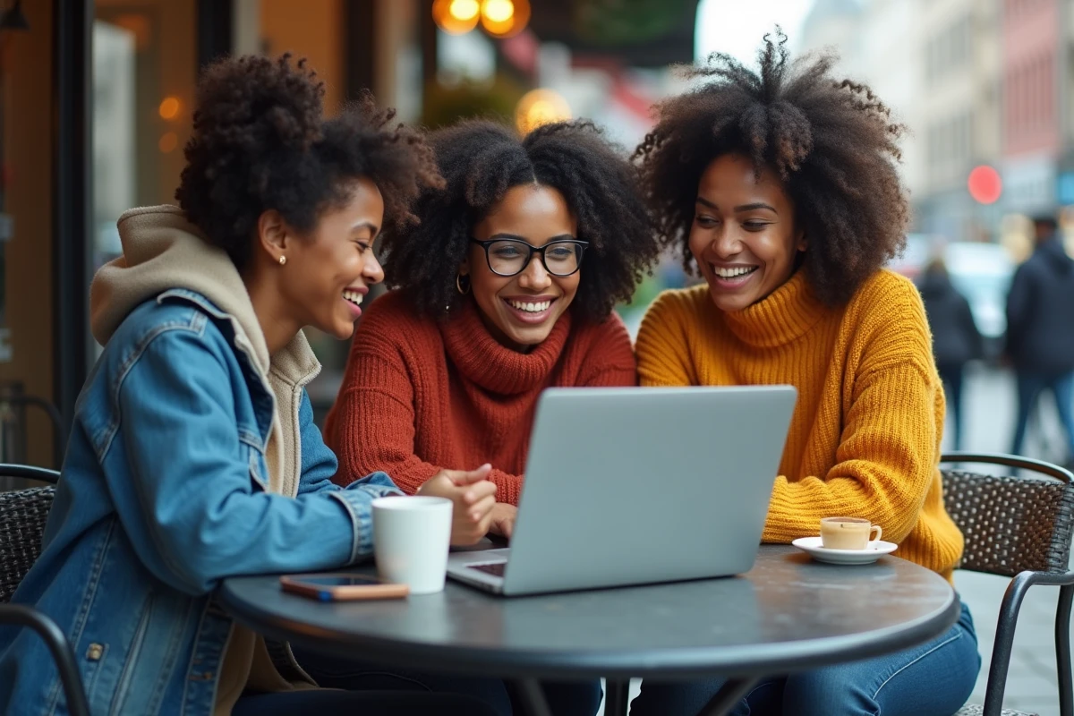 Trois amis regardant un ordinateur dans un café urbain