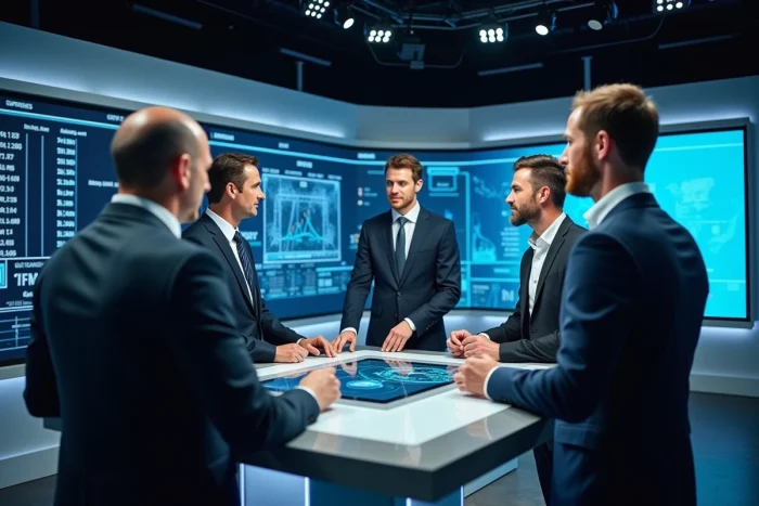 Trio d'analystes sportifs debout devant un écran tactile de statistiques dans un studio de télévision moderne, discussion professionnelle, mur LED sportif en arrière-plan