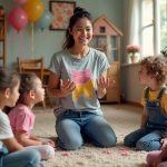 Jeune femme animateur avec enfants lors d'une fête d'anniversaire