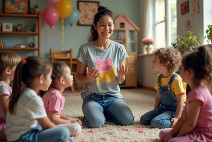 Jeune femme animateur avec enfants lors d'une fête d'anniversaire