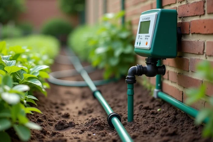 Système d'arrosage goutte-à-goutte avec programmateur et goutteurs positionnés au pied des plantes dans un potager et massif ornemental