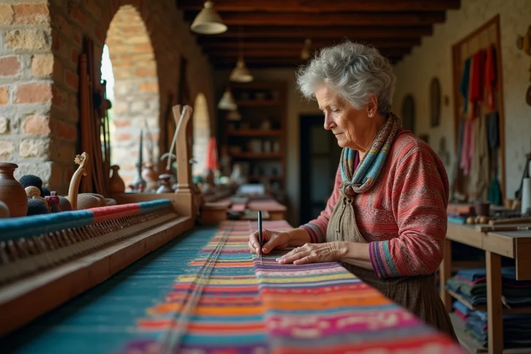 Artisane méditerranéenne tissant de la soie dans son atelier