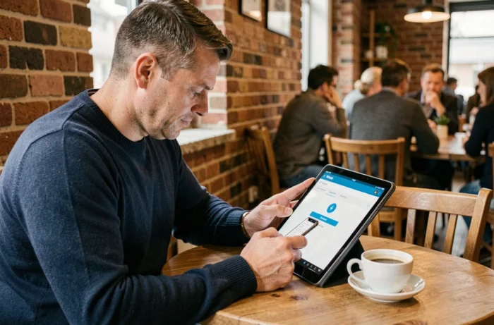 Homme utilisant une tablette dans un café pour accéder à un coffre-fort numérique sécurisé avec authentification à deux facteurs