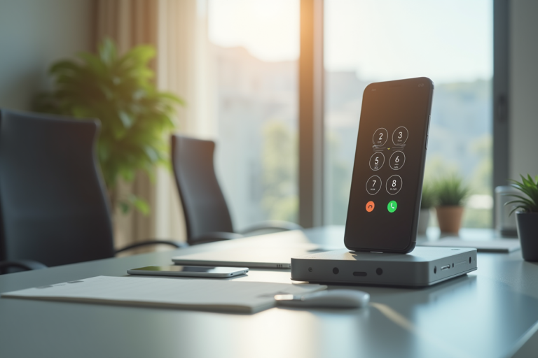 Bureau moderne avec smartphone affichant un numéro court