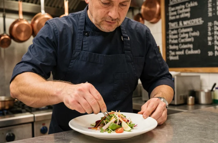 Chef dressant une salade légère et colorée sur une assiette blanche dans une cuisine de restaurant avec des catégories de recettes au tableau