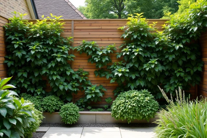 Claustra en lattes de cèdre végétalisé avec jasmin étoilé et vigne vierge formant un écran d'intimité sur terrasse de jardin