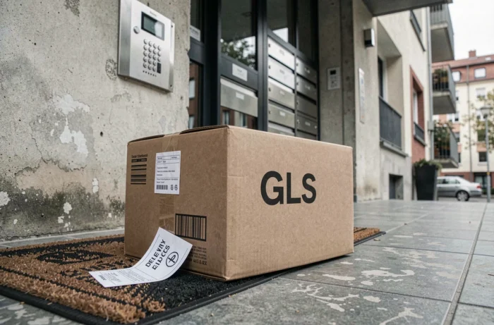 Colis GLS abandonné devant la porte d'un immeuble avec un avis de passage glissé en dessous