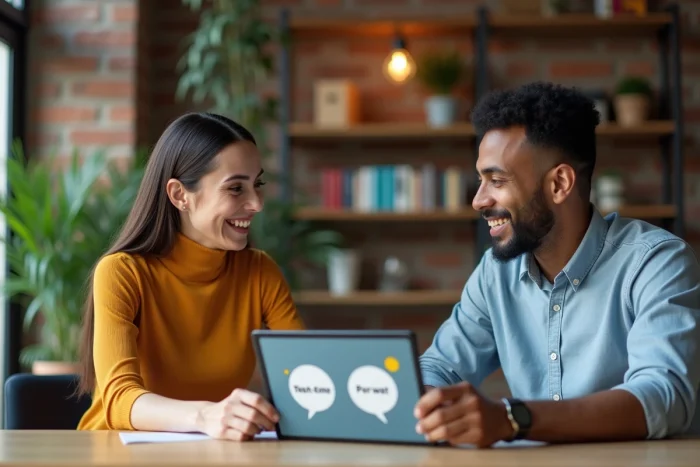 Deux collègues de cultures différentes utilisant une application de traduction en temps réel sur une tablette dans un espace de coworking