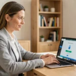 Femme professionnelle se connectant à un coffre-fort numérique My Arkevia sur un ordinateur portable dans un bureau moderne