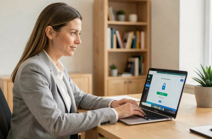 Femme professionnelle se connectant à un coffre-fort numérique My Arkevia sur un ordinateur portable dans un bureau moderne