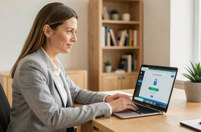 Femme professionnelle se connectant à un coffre-fort numérique My Arkevia sur un ordinateur portable dans un bureau moderne