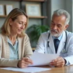 Patiente en consultation médicale discutant d'une prise en charge ALD avec son médecin généraliste