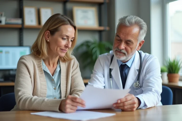 Patiente en consultation médicale discutant d'une prise en charge ALD avec son médecin généraliste