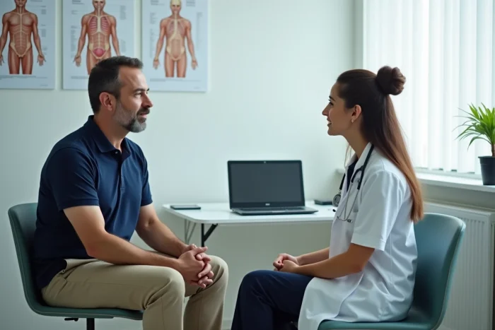 Patient en consultation médicale avec un médecin dans un cabinet de santé moderne et professionnel