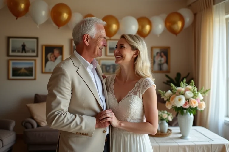 Couple joyeux de 60 ans lors d'une célébration intime