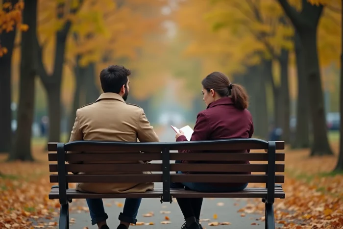 Couple sur un banc de parc en automne, homme pensif regardant au loin evoquant la distance emotionnelle