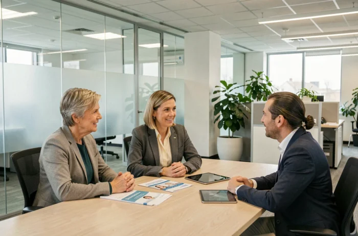 Couple discutant de leur mutuelle santé 2026 avec un conseiller en agence, cotisations et nouveaux services digitaux