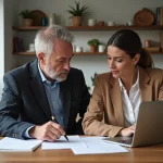 Couple d'adultes en réunion immobiliere dans un appartement moderne