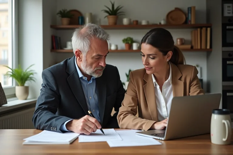 Couple d'adultes en réunion immobiliere dans un appartement moderne