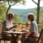 Couple souriant prenant le petit déjeuner dans une cabane dans les arbres