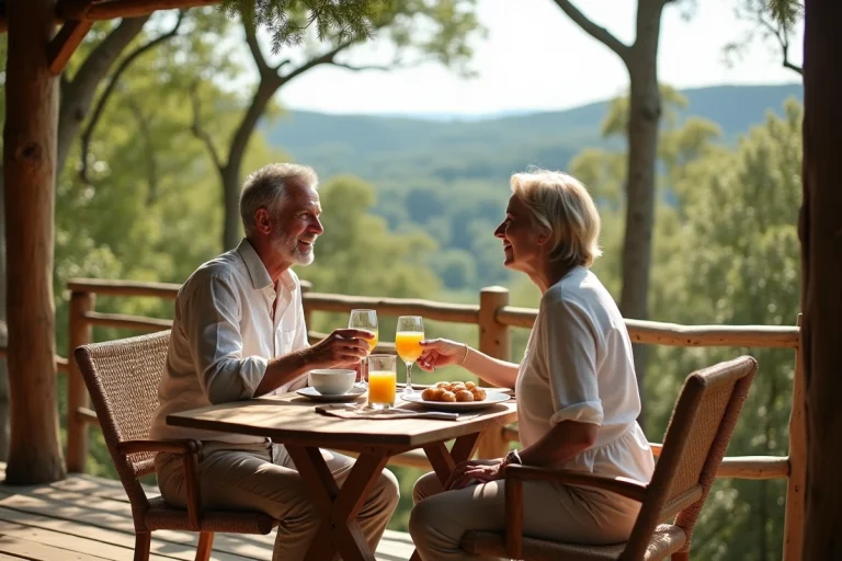 Couple souriant prenant le petit déjeuner dans une cabane dans les arbres