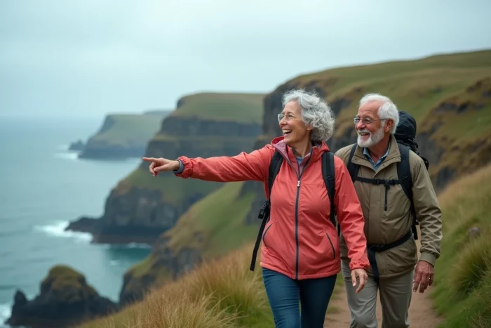 Couple de retraités actifs en randonnée sur un sentier côtier, profitant pleinement de leur vie senior en plein air