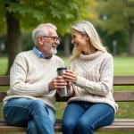 Couple senior souriant partageant un café dans un parc