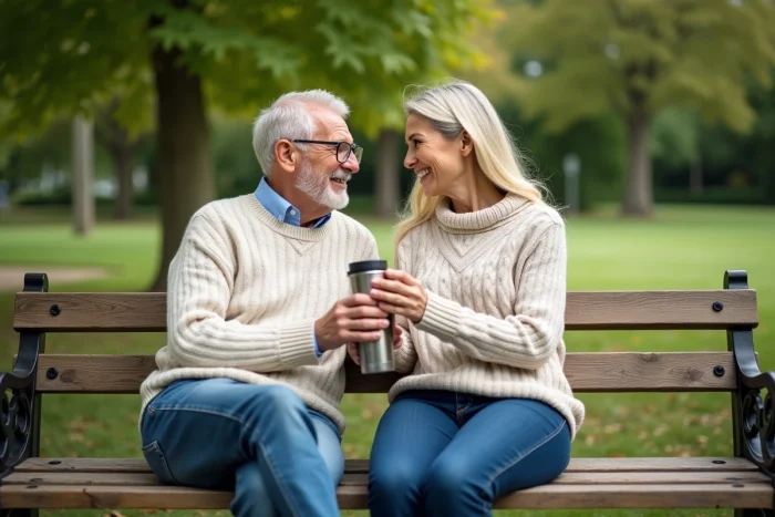 Couple senior souriant partageant un café dans un parc