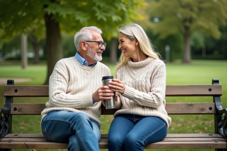 Couple senior souriant partageant un café dans un parc