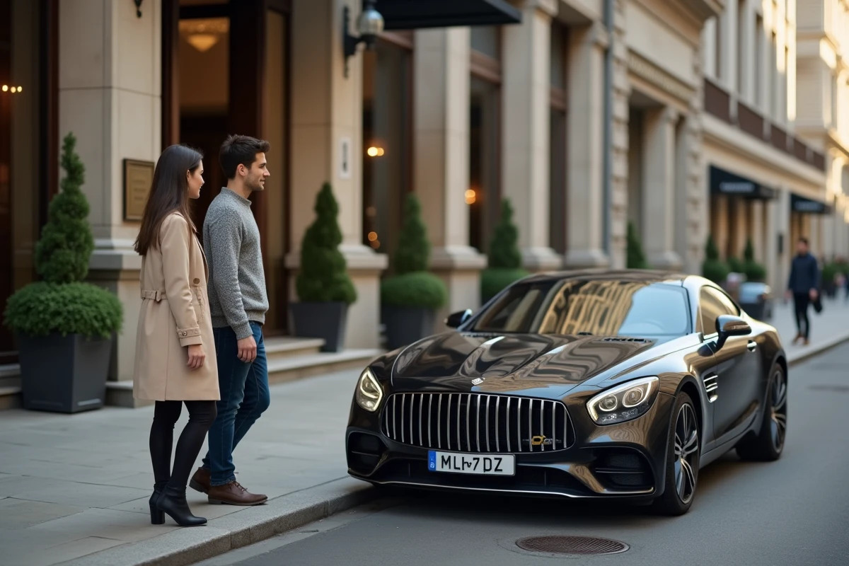 Jeune couple admirant une voiture de luxe devant un hôtel