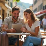Jeune couple souriant avec tablette dans un café en ville