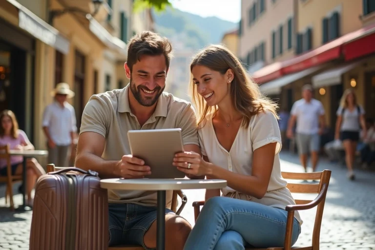 Jeune couple souriant avec tablette dans un café en ville