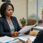 Femme déposant un dossier DALO auprès d'un travailleur social dans un bureau administratif