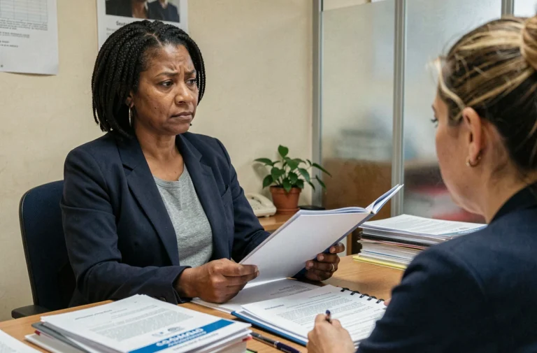 Femme déposant un dossier DALO auprès d'un travailleur social dans un bureau administratif