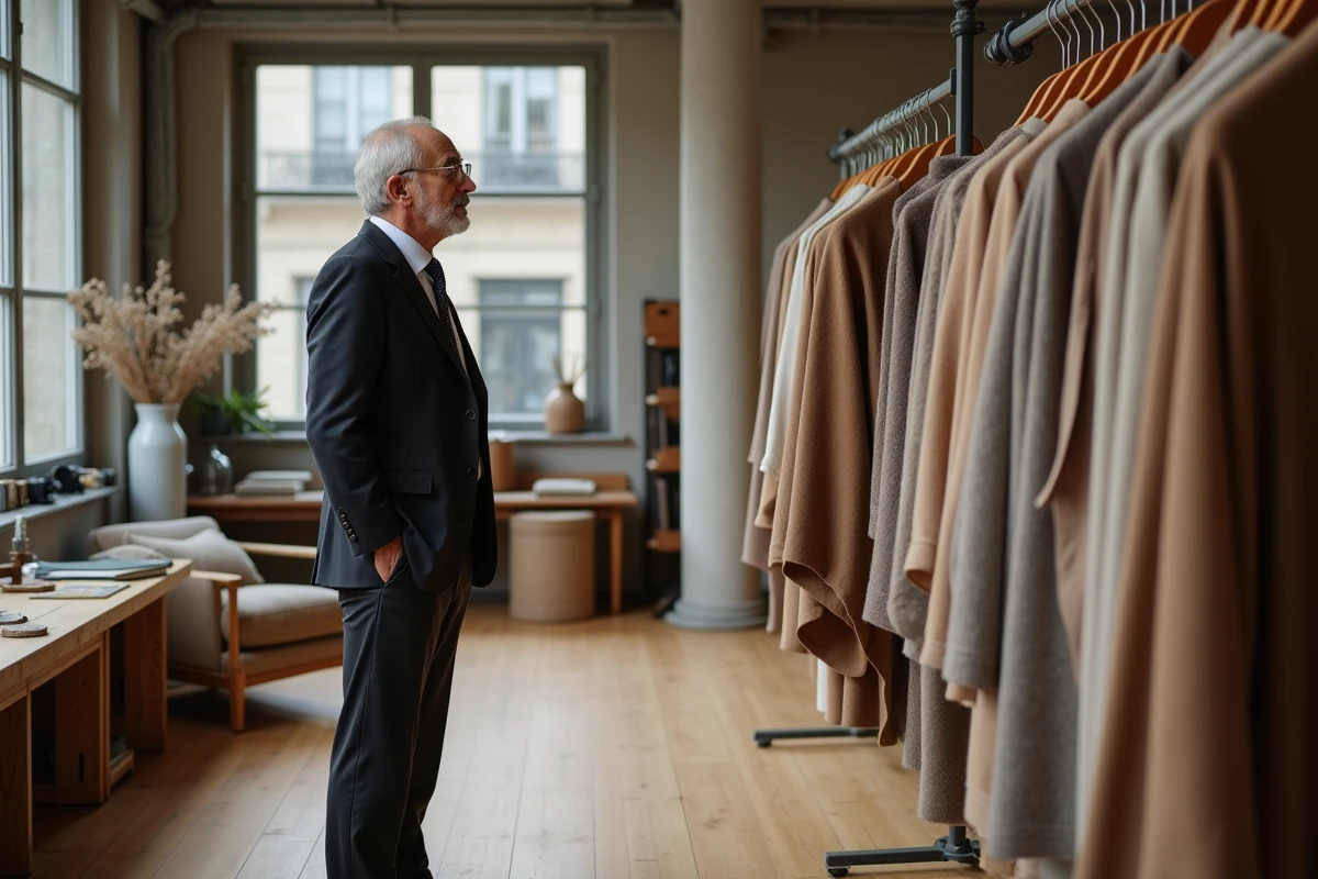 Designer textile inspectant des tissus de cachemire à Paris