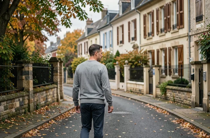 Homme marchant seul dans une rue résidentielle paisible représentant la discrétion de la vie privée et familiale loin des projecteurs médiatiques