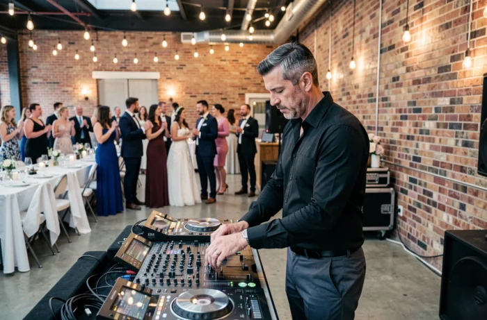 DJ animant un mariage en intérieur pendant que les invités se préparent à danser le Madison