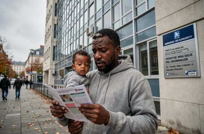 Père de famille consultant un document d'information sur le DALO devant un bâtiment de l'administration du logement