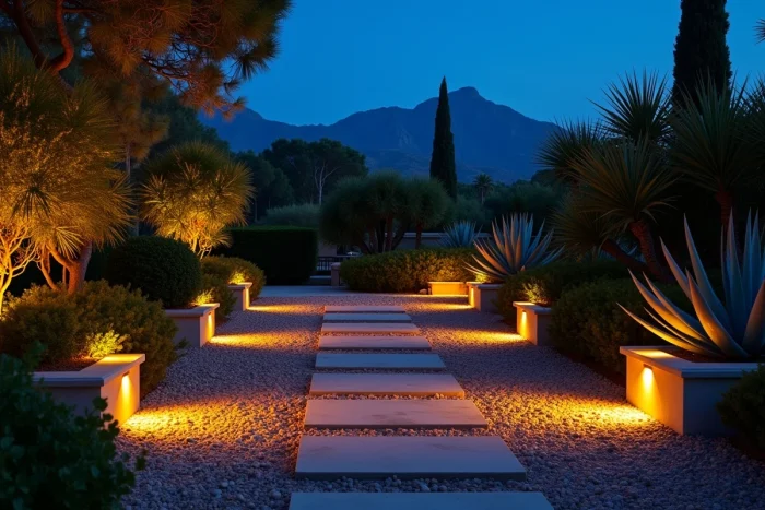 Éclairage basse tension le long d'un chemin de jardin au crépuscule avec bornes LED et spots sur plantes méditerranéennes