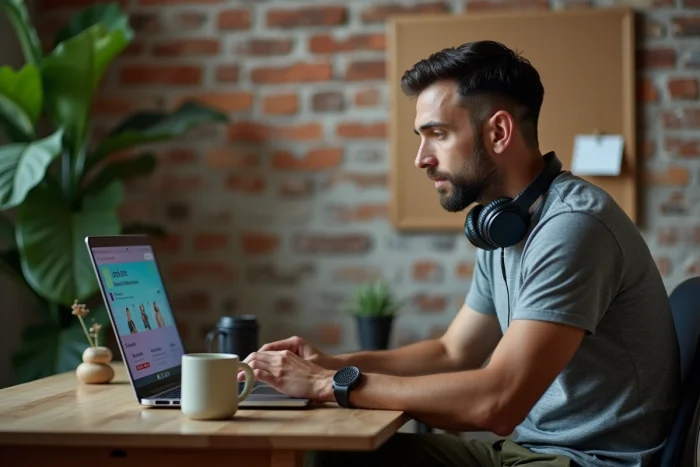 Homme écoutant Com FM en ligne sur un ordinateur portable dans un bureau à domicile avec casque audio