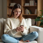 Jeune femme écoutant la radio en ligne sur son smartphone depuis son canapé à domicile