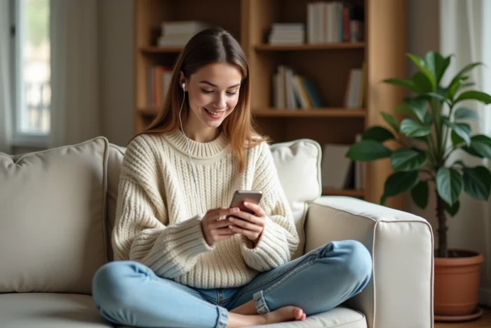 Jeune femme écoutant la radio en ligne sur son smartphone depuis son canapé à domicile