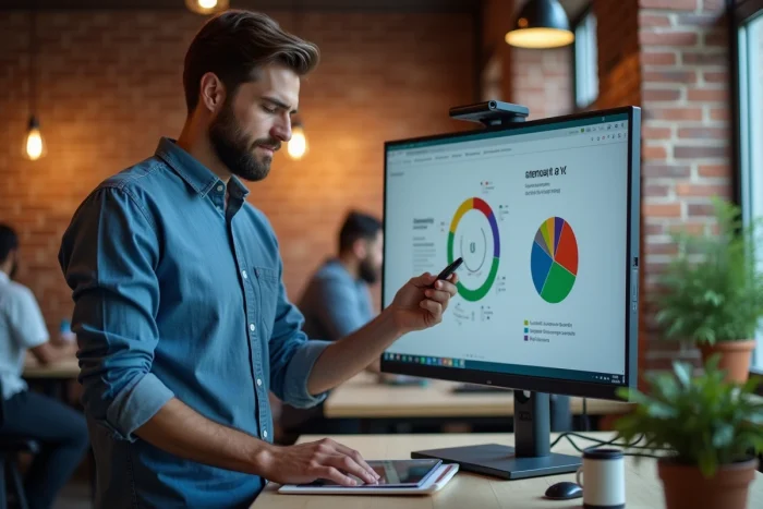 Entrepreneur masculin analysant une stratégie de business en ligne sur un grand écran dans un espace de coworking professionnel