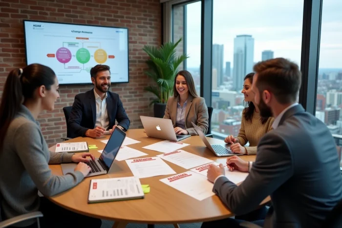 Équipe professionnelle participant à un atelier de conduite du changement ADKAR en salle de réunion