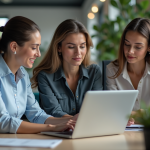 Groupe de professionnels en réunion autour d'un logiciel HR