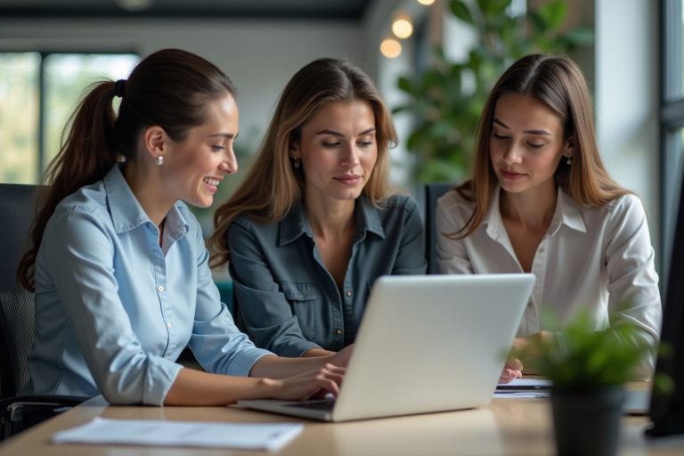 Groupe de professionnels en réunion autour d'un logiciel HR