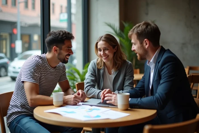 Équipe de jeunes entrepreneurs collaborant sur le lancement d'un business en ligne autour d'une table dans un café moderne