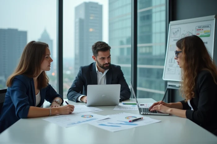 Équipe de professionnels discutant des opportunités d'investissement sur la blockchain Robthecoins en salle de réunion