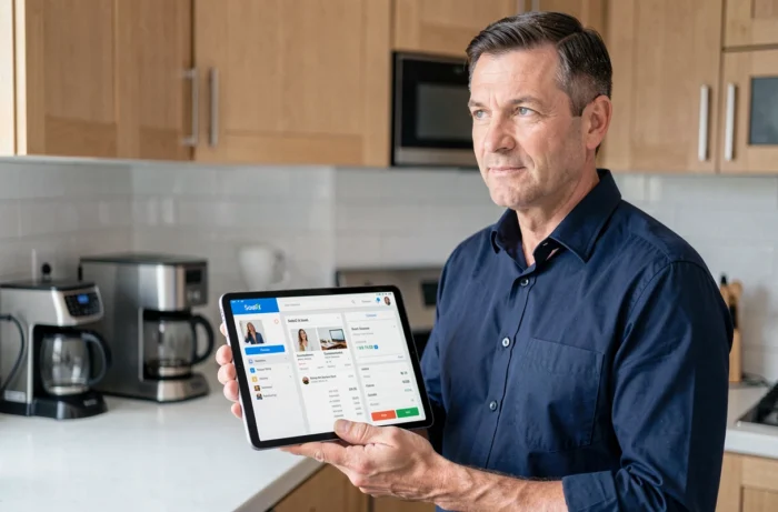 Homme consultant son espace client La Poste Mobile sur tablette dans une cuisine moderne