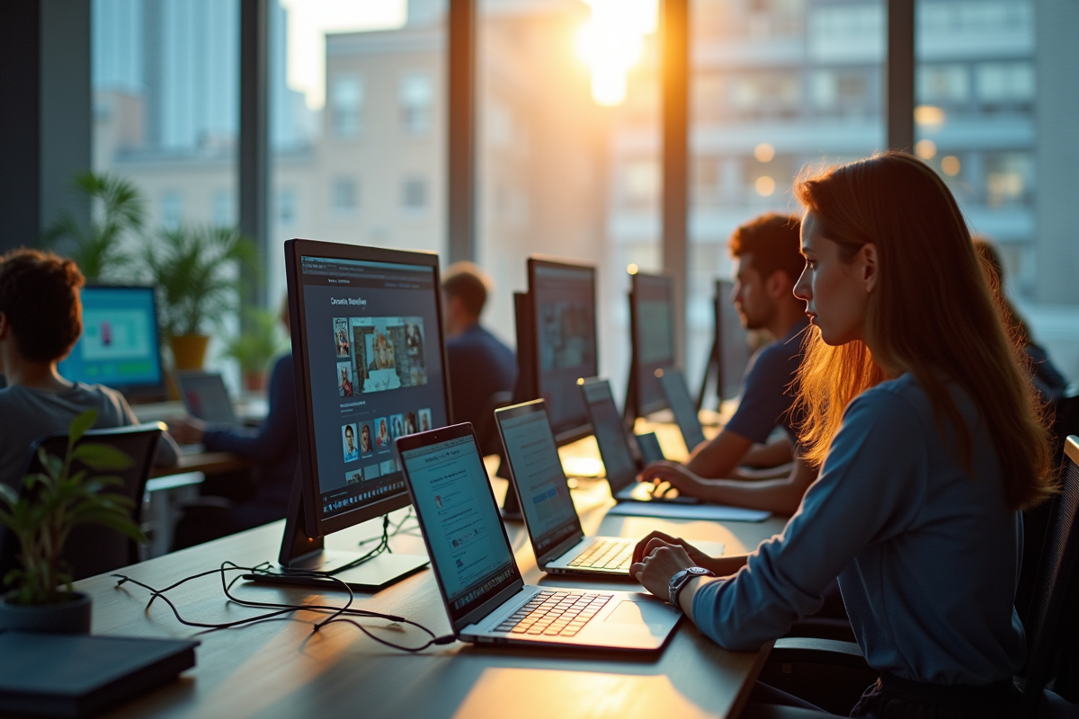 Travail collaboratif avec écrans de réseaux sociaux dans un espace moderne